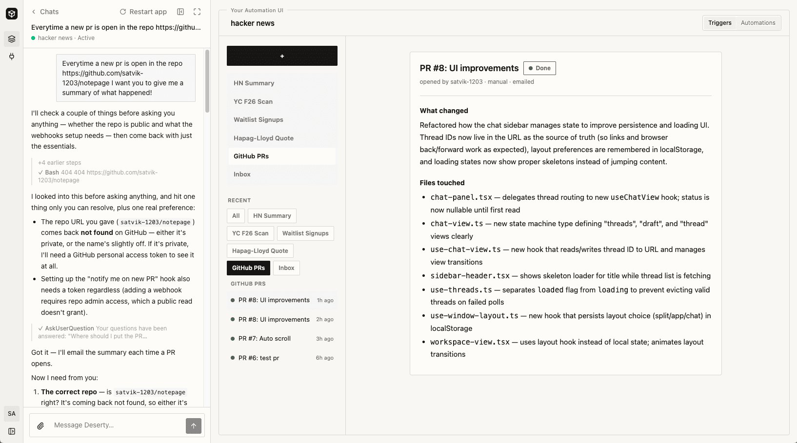A desert labs workspace: the chat on the left, and on the right the pull request watcher it built, showing a finished summary of PR #8 with what changed and the files it touched.